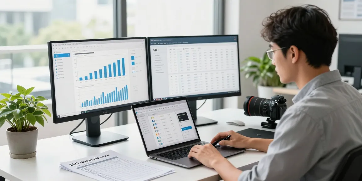 Marketing strategist analyzing LLG link indx services in a bright digital workspace.