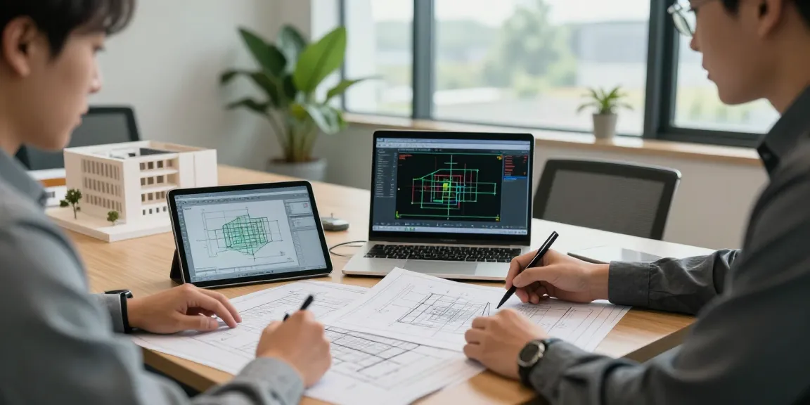 Licensed structural engineer reviewing blueprints in modern office space, Missouri
