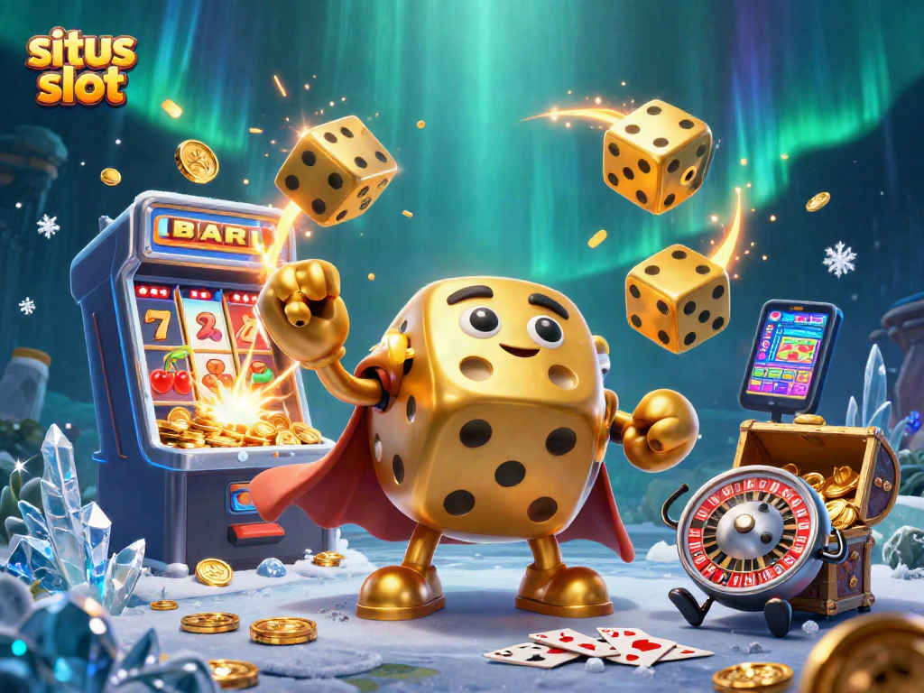 Engage with situs slot adventures in this vibrant 3D illustration featuring a playful dice golem and dynamic gaming elements.