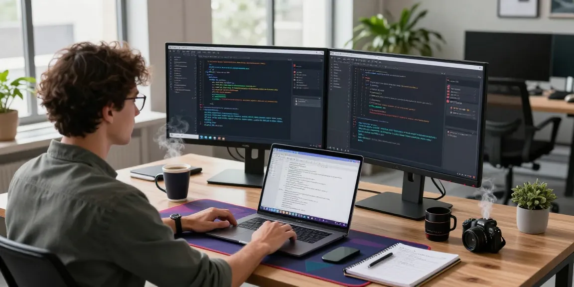 Developer coding 纸飞机中文版 app in a modern tech workspace with dual monitors and natural light.