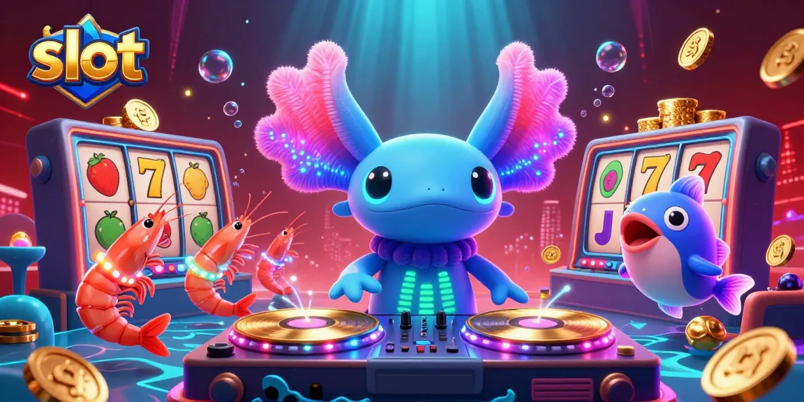 Engaging scene of slot-themed fun with a DJ axolotl spinning reels, bursting with vibrant casino elements.