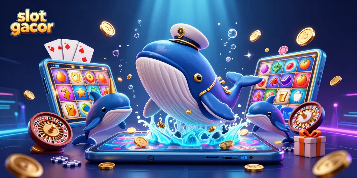 Experience slot gacor with a lively 3D illustration of whales, narwhals and casino elements.