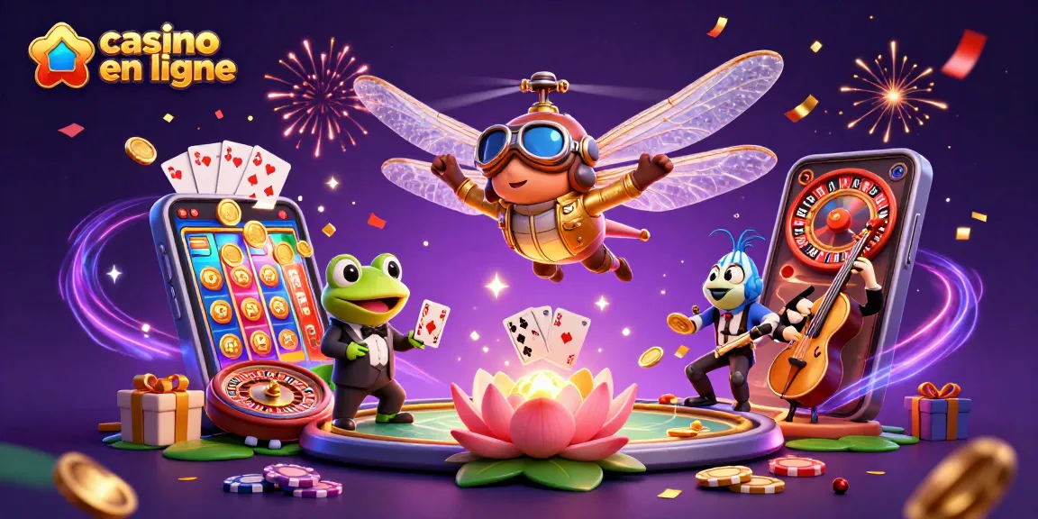 Jouer sur un casino en ligne avec une grenouille croupier et un pilote libellule en pleine action.