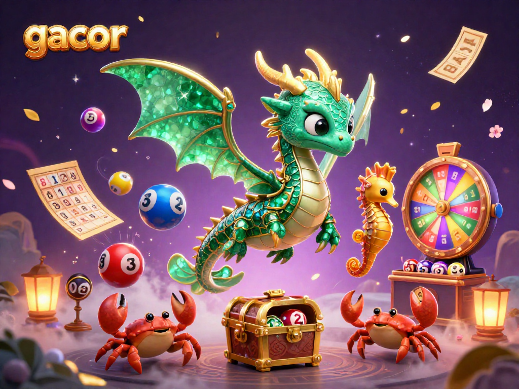 Menang dalam permainan gacor dengan naga laut 3D dan elemen keberuntungan seperti bola lotere dan tiket emas.