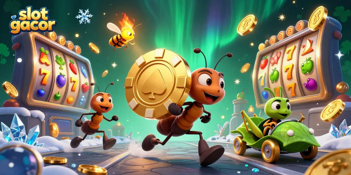 Engage with slot gacor as ants carry a giant poker chip through a dynamic, casino-themed scene.
