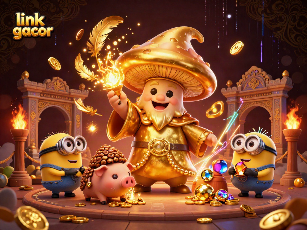 Experience your luck with link gacor in a vibrant 3D casino illustration filled with magical treasures.