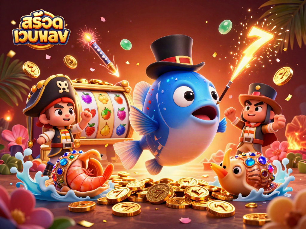Engage with สล็อตเว็บตรง as a 3D anglerfish attracts golden coins amidst festive gaming elements.