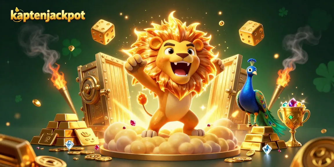 Experience the thrill of kaptenjackpot with a vibrant casino scene featuring a roaring lion and golden treasures.
