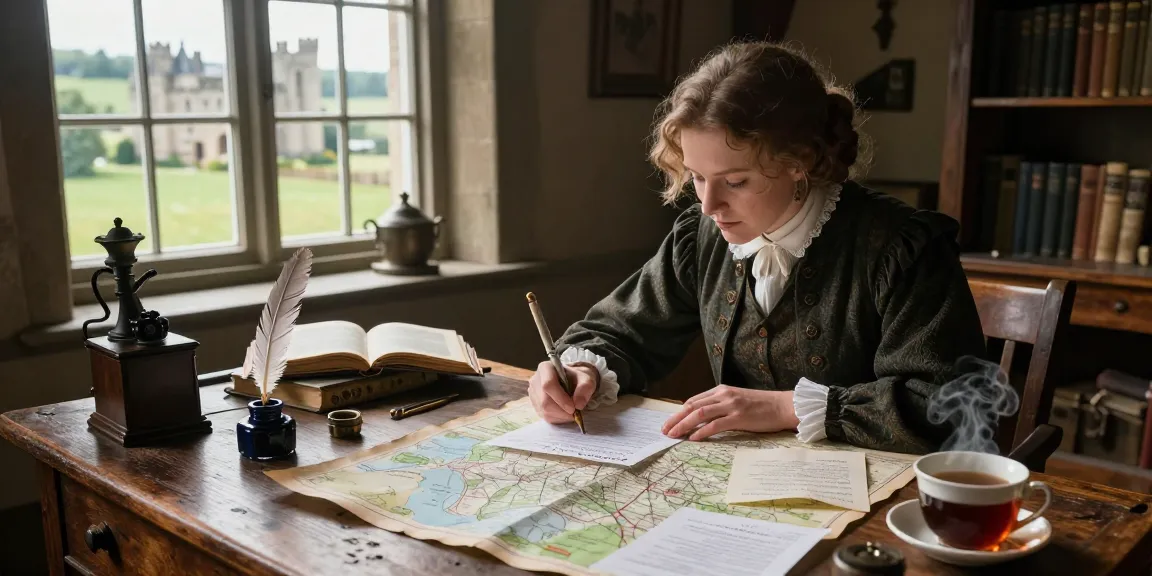 Passionate writer at a historical blog desk about https://tyntescastle.com, surrounded by artifacts and natural light.