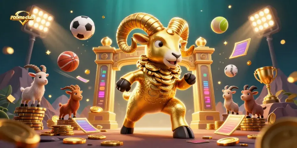 Rasakan sensasi bermain di rooms-club dengan ilustrasi 3D ram emas dan elemen slot menarik.