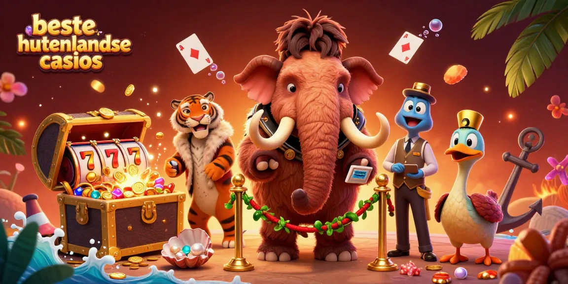 Experience the excitement at beste buitenlandse casinos with a cartoon scene of a woolly mammoth bouncer, saber-tooth tiger VIP, and dodo doorman.
