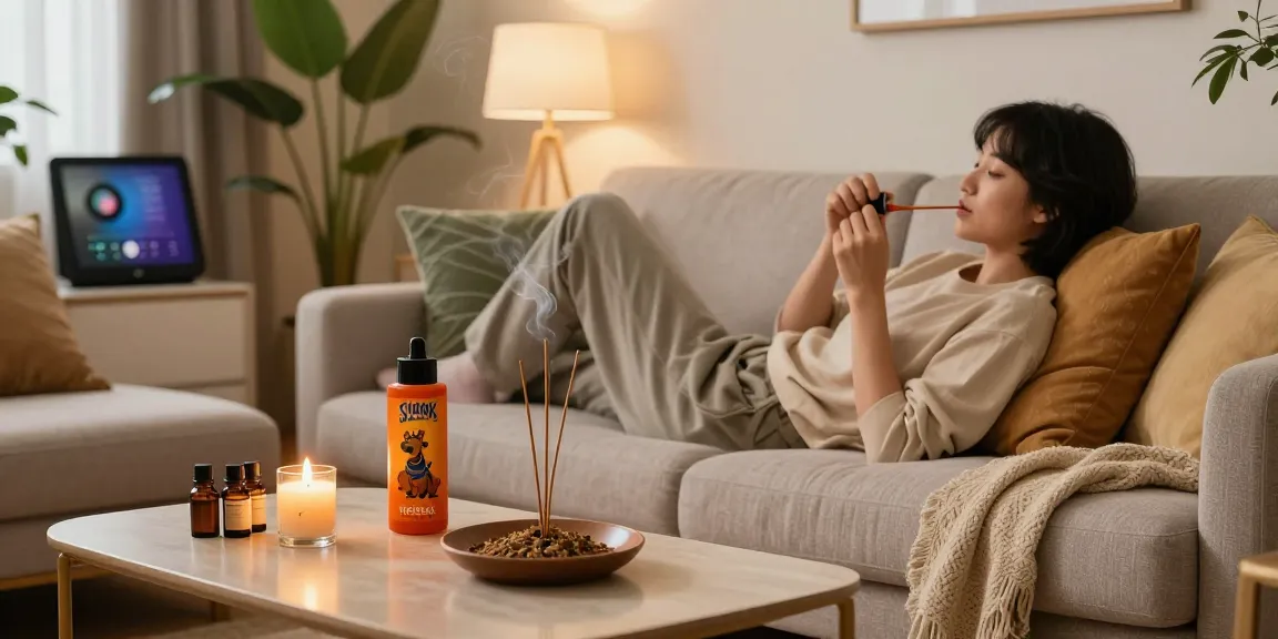 A cozy living room scene showcasing a person relaxing while buying Scooby Snax herbal incense, surrounded by calming candles and plants.