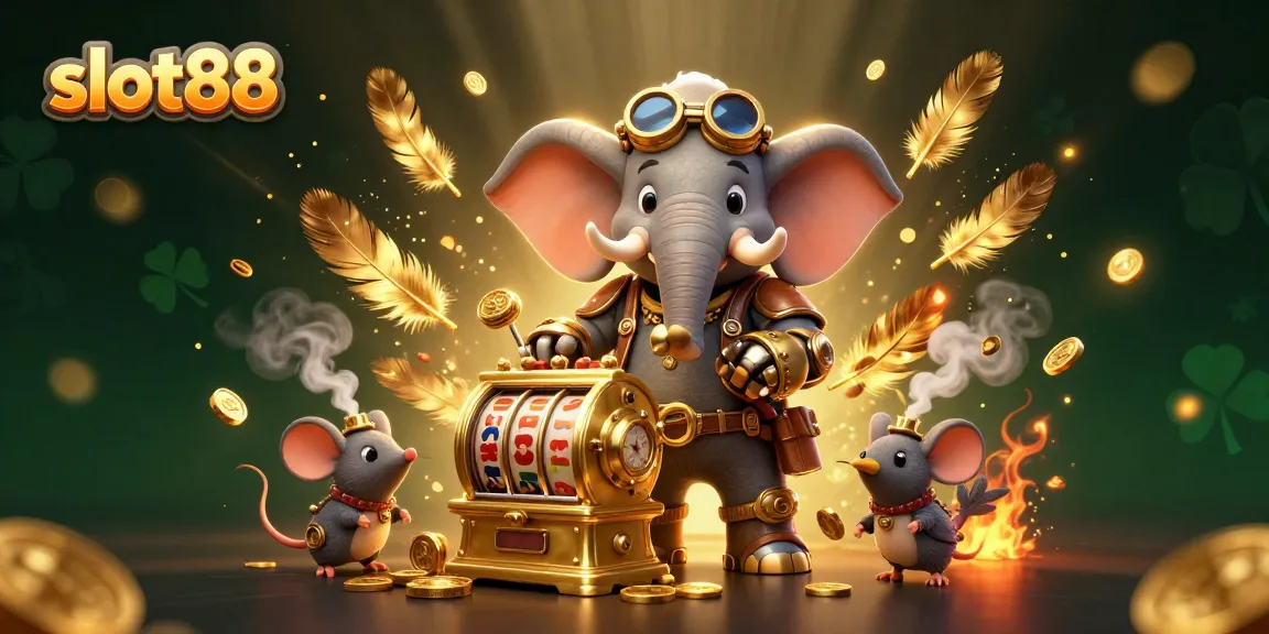 Spin to win at slot88 with a steampunk elephant engineer operating a golden slot machine!