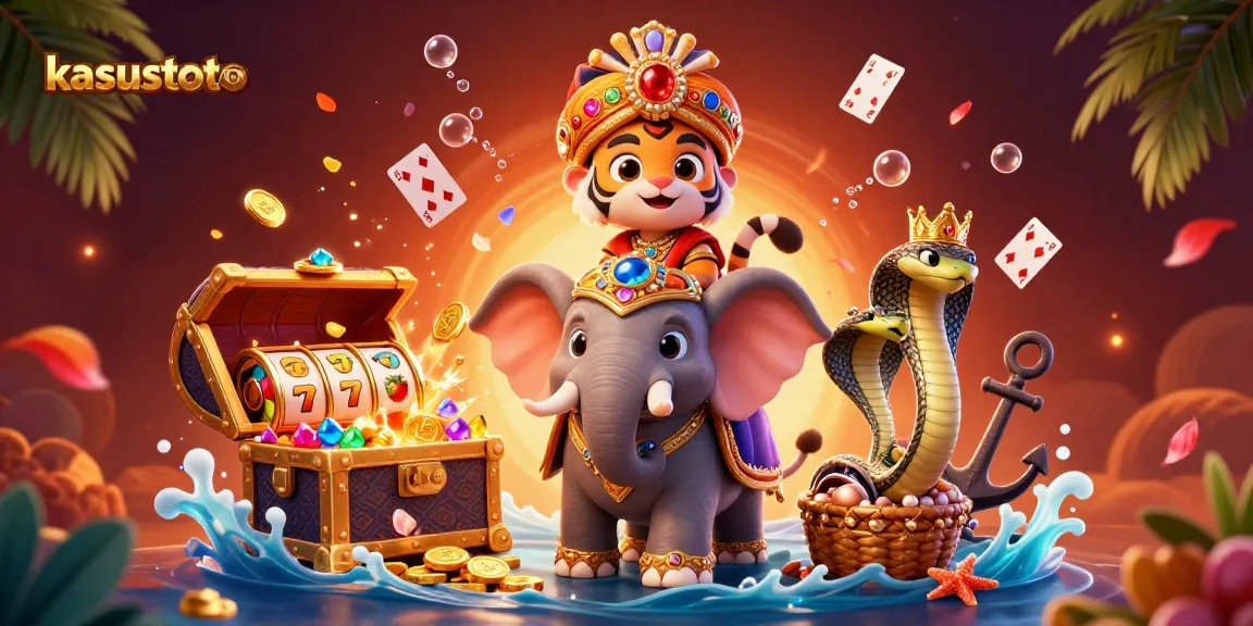 Kasustoto menampilkan gambar ilustrasi kasino yang kaya warna dengan harimau maharaja dan gajah berhiaskan permata.