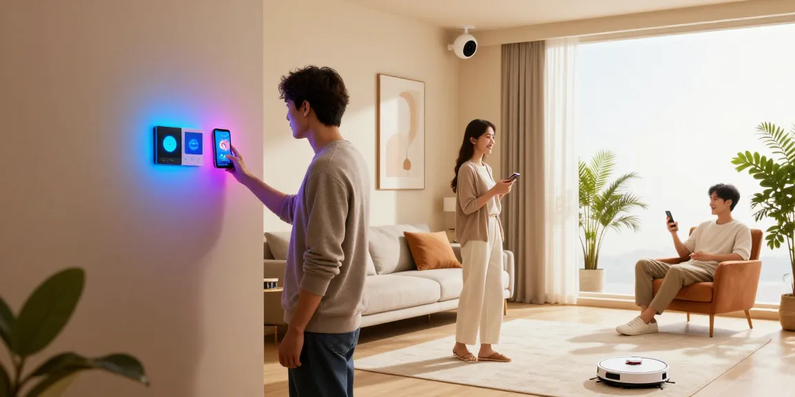 Couple enjoying the best smart home gadgets 2026 in a modern living room with smart devices, mood lighting, and a robotic vacuum.