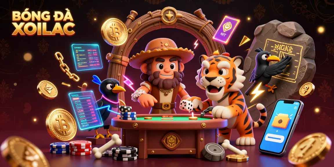 BÓNG ĐÁ XOILAC showcases a lively prehistoric casino scene featuring a caveman and sabertooth tiger, vibrant neon coins, and dynamic blockchain elements.