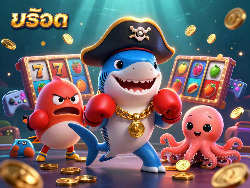 Spin to win withสล็อต as a lively shark and friends surround slot reels and gold coins.