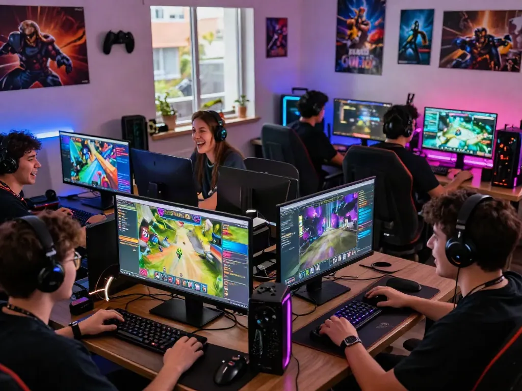 Vibrant gaming community scene showcasing rokok88 link alternatif, with gamers interacting and playing in a lively digital environment.