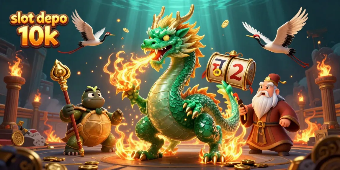Experience the thrills of slot depo 10k with a vibrant scene featuring a jade dragon and lucky cranes.