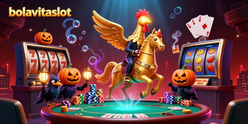 Spin the reels with bolavitaslot featuring a golden rooster and vibrant casino elements.