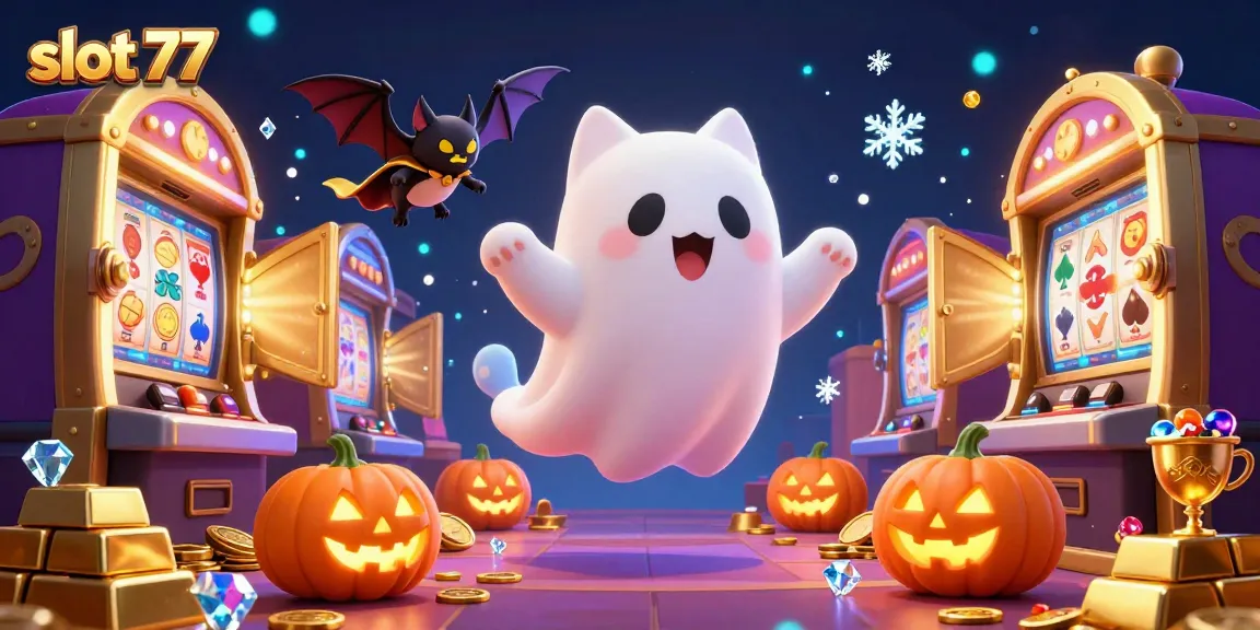 Experience the excitement of slot 77 with ghost cat in a haunted casino, showcasing vibrant treasures and jackpots.