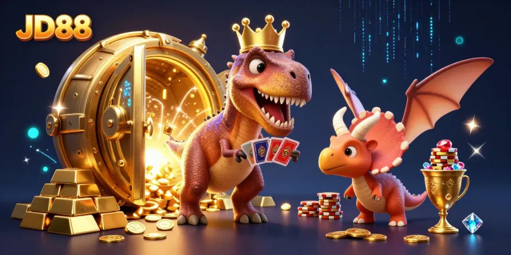 Experience the fun of JD88 with cartoon dinosaurs involved in thrilling casino activities.