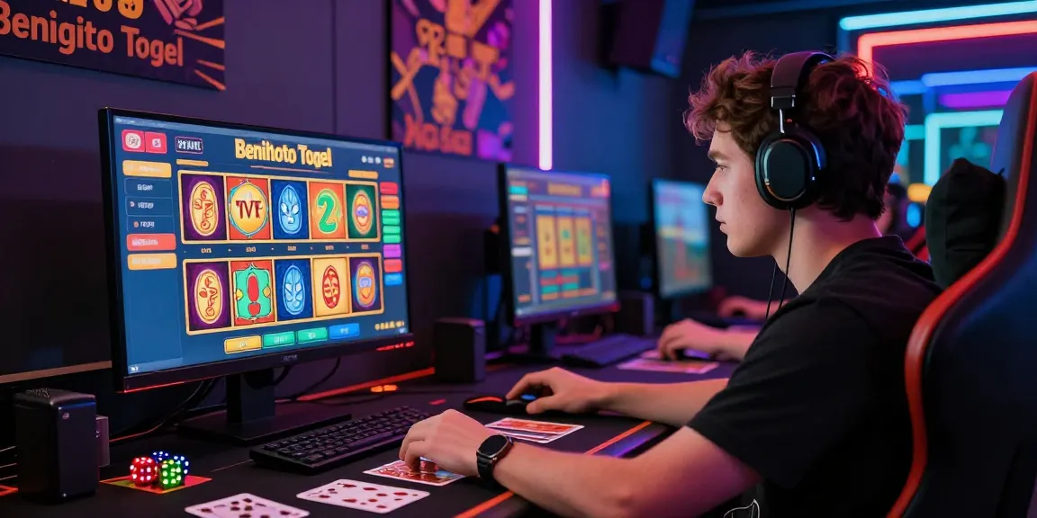 Benihtoto Togel player engaging in an online gaming session in a vibrant setting with neon lights.