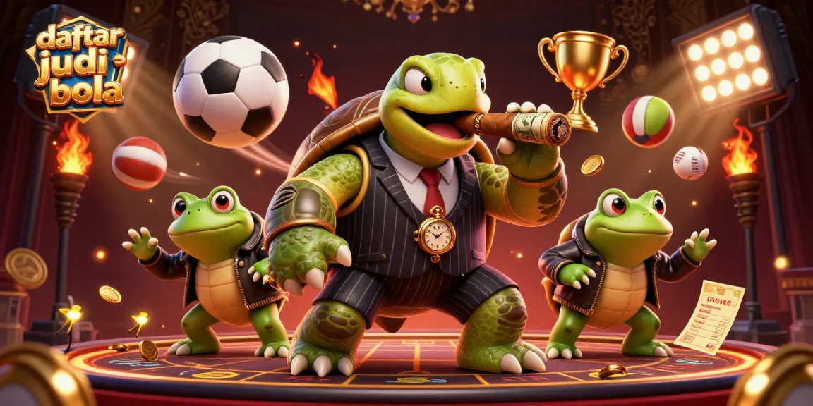 Discover daftar judi bola thrills with a dynamic scene featuring sports balls, a turtle mobster, and frog enforcers.