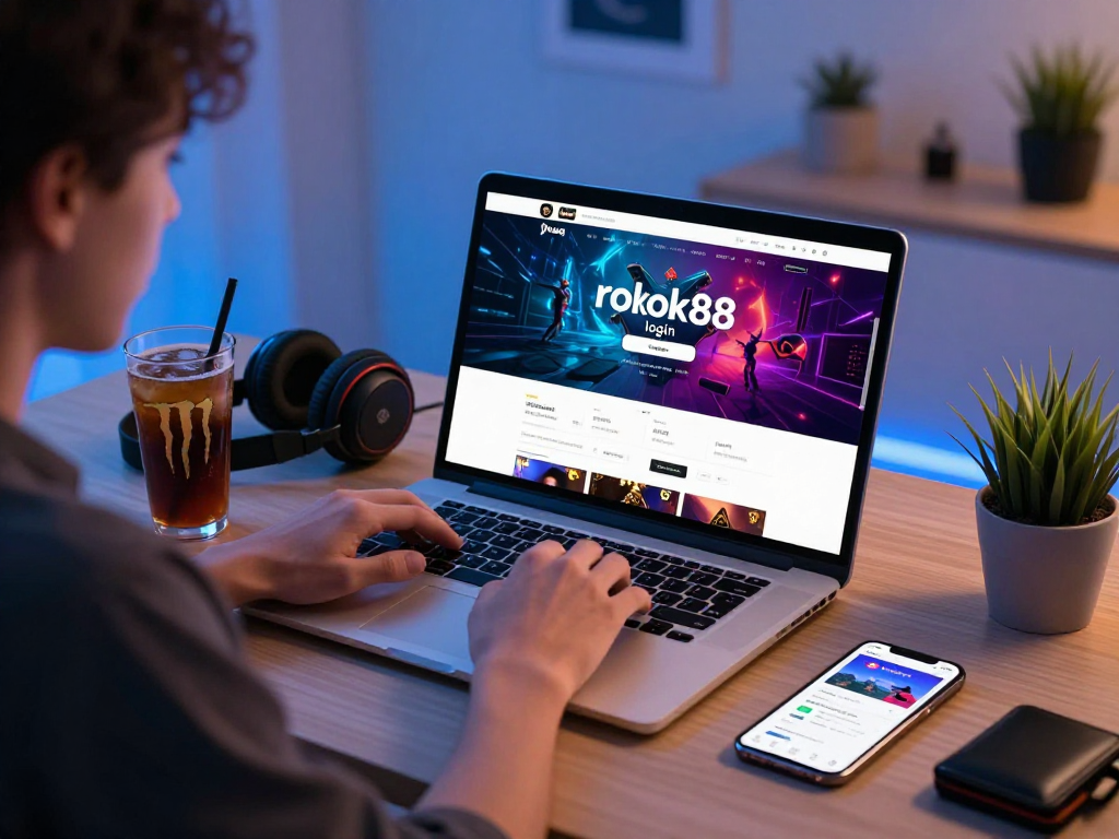 Accessing rokok88 login on a sleek laptop in a modern home office setting.