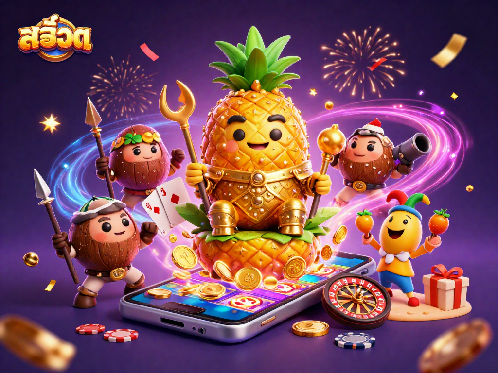 Engage in thrilling สล็อต gameplay with the golden pineapple king amidst a vibrant casino scene filled with dynamic elements.