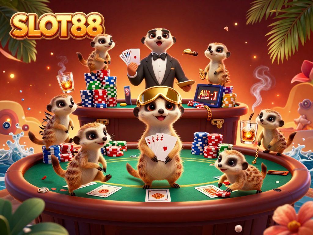 Slot88 menghibur pemain dengan koloni meerkat menjalankan kasino, chip poker, dan kartu terlihat.