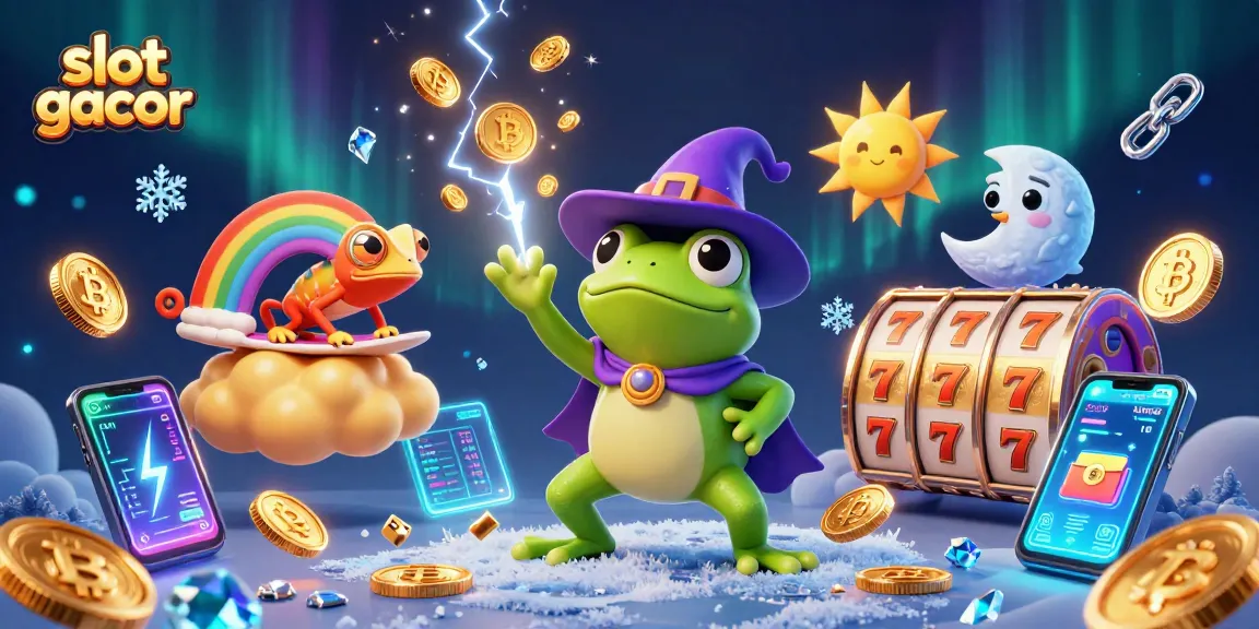 Experience the thrill of slot gacor with our vibrant illustration featuring a weather wizard frog and colorful characters amidst golden coins.