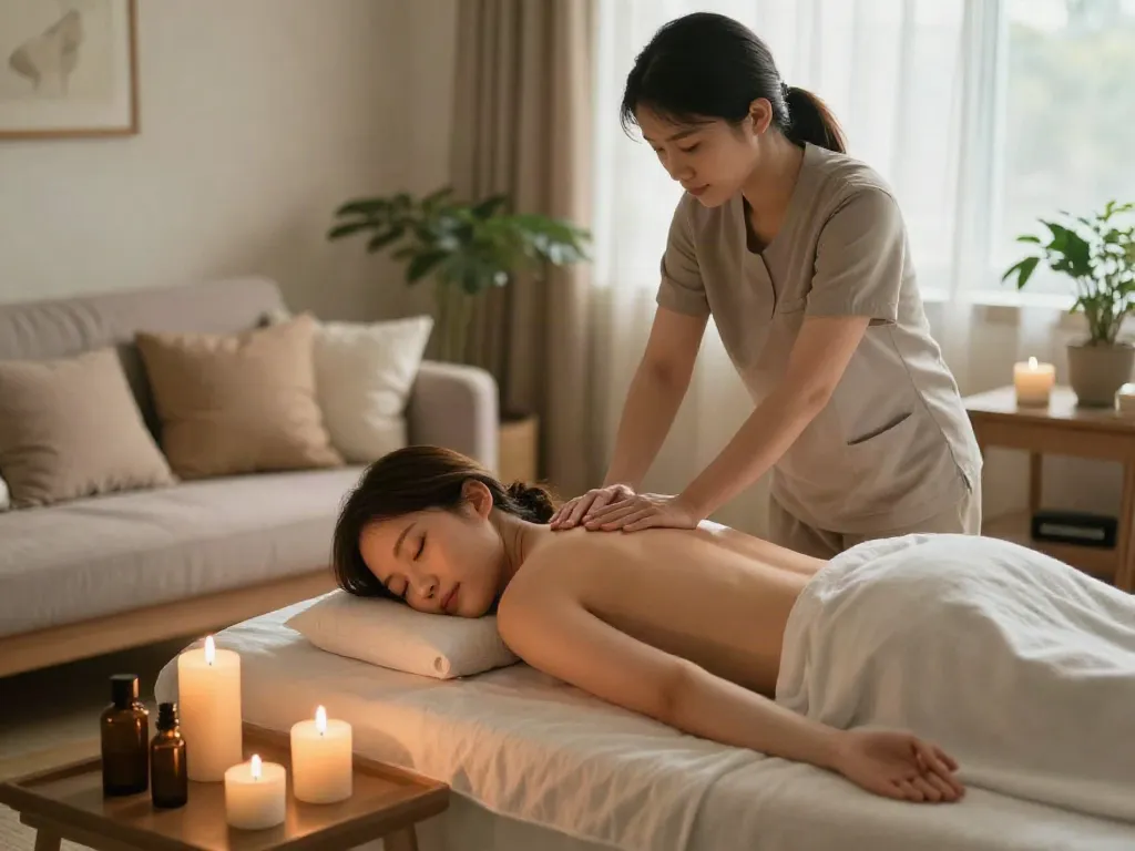 오산출장마사지 session in a cozy living room with candles and oils, creating a relaxing atmosphere.