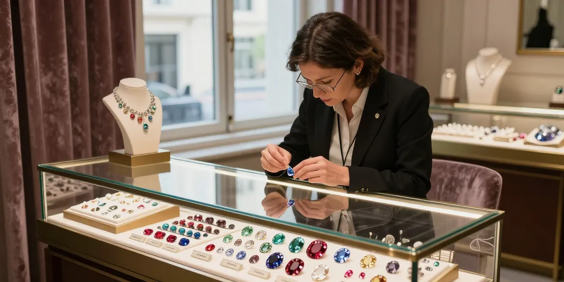 A gemologist at My Gem Spot analyzing stunning gemstones in an elegant boutique.