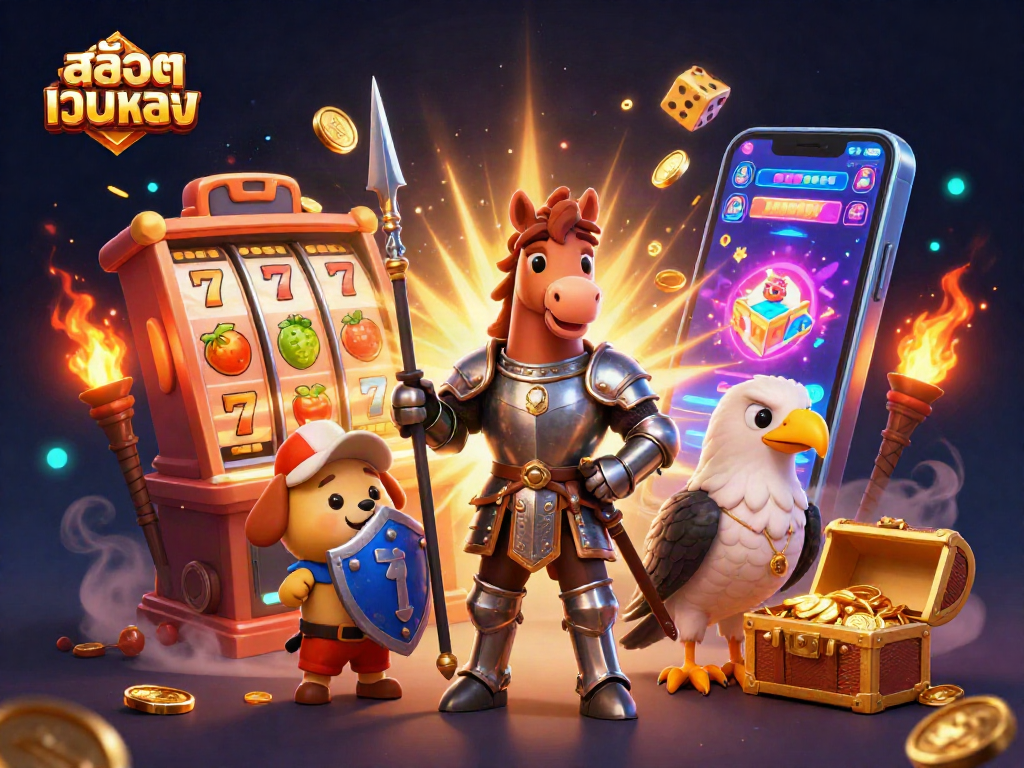 Win big with สล็อตเว็บตรง as a knight and puppy celebrate next to a jackpot slot machine!