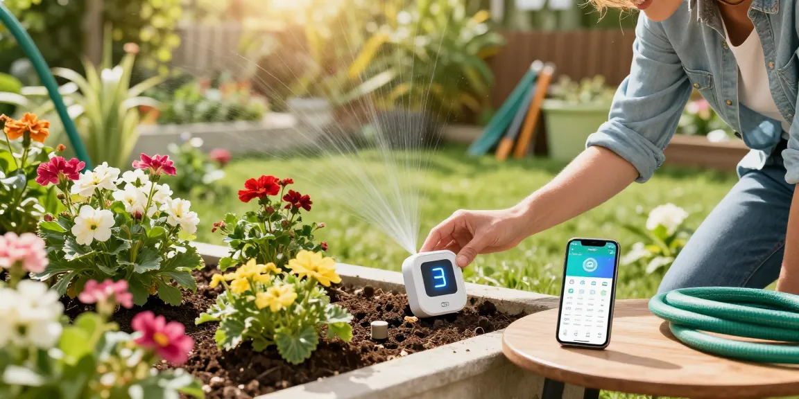 Setting up a rainpoint wifi water timer in a vibrant garden.
