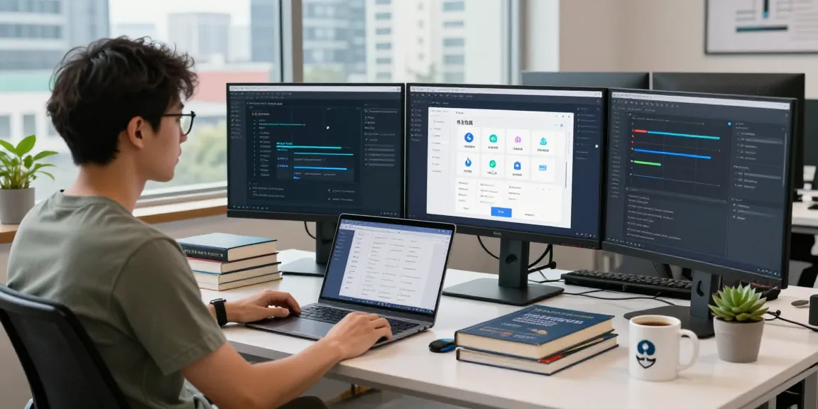 Modern workspace featuring a programmer using 纸飞机中文版 app on multiple monitors in a bright office setting.